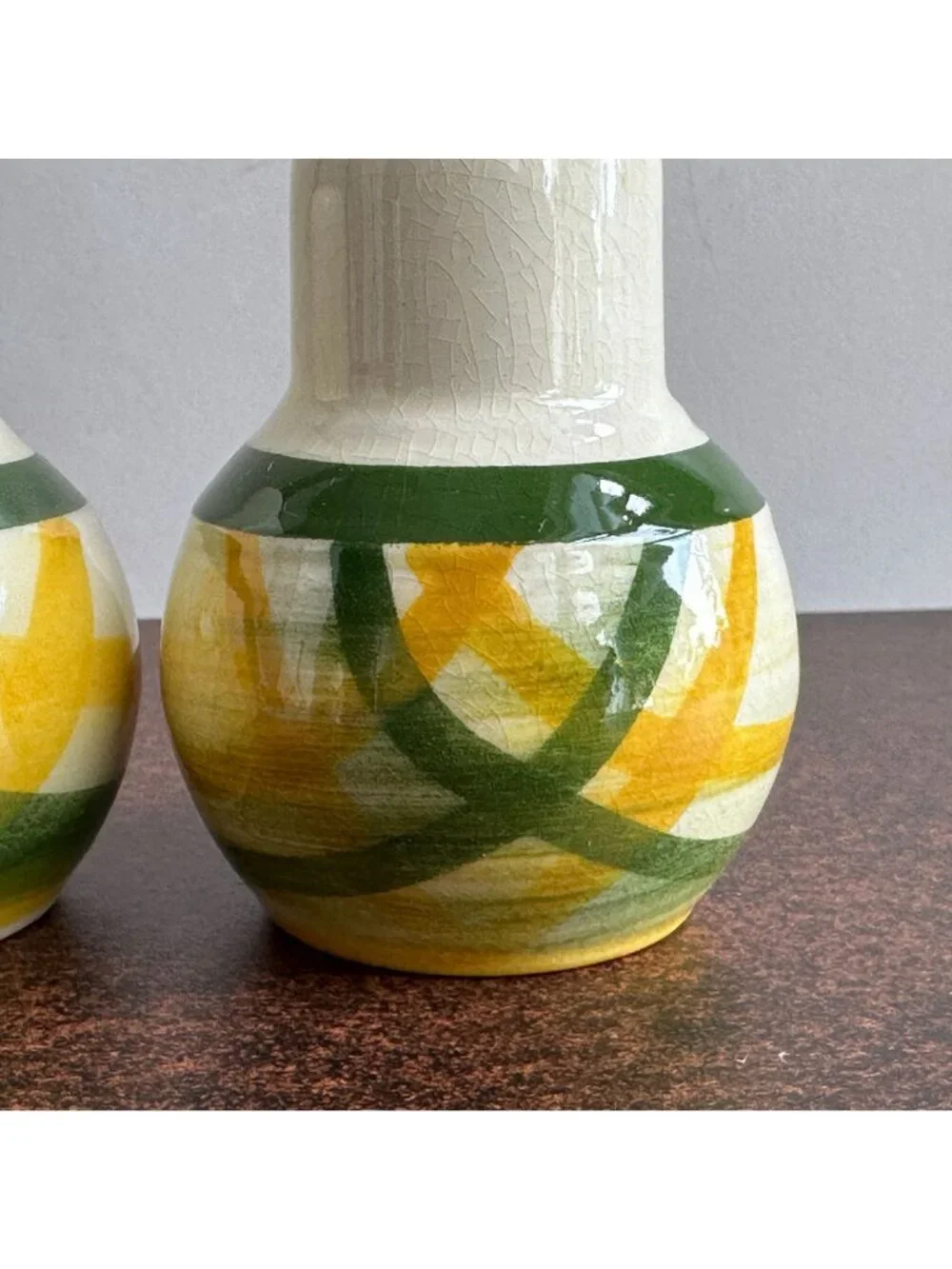 Vernon Kilns Gingham Salt Pepper Shakers Vintage Green Yellow Plaid Pottery